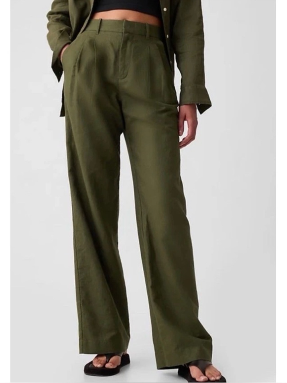 GAP Linen Cotton Wide Leg Pleated Pants 4 Tall Olive Green High Rise EUC